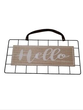 Hello Wood Sign Black Metal Grid Frame Wall Decor Farmhouse Cottagecore Hanging